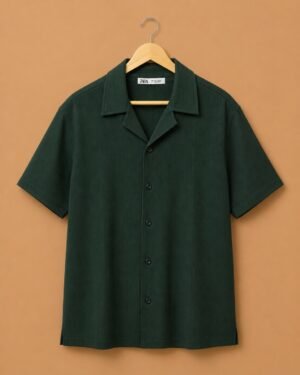 Zara Men's Dark Green Textured Resort Collar Casual Shirt