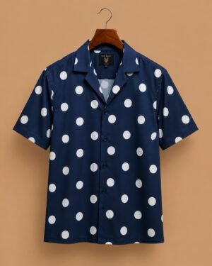 Rare Rabbit Men's Navy Blue Polka Dot Printed Resort Collar Casual Shirt