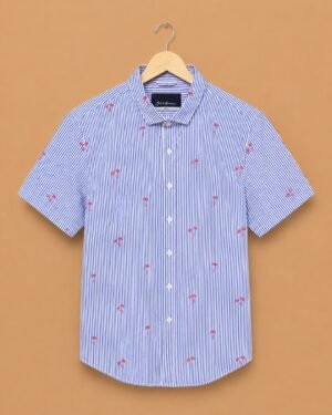 Mast & Harbour Men's Blue Striped Palm Tree Printed Slim Fit Casual Shirt