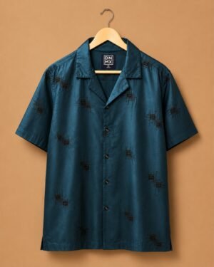 DNMX Men's Teal Blue Abstract Printed Relaxed Fit Resort Collar Casual Shirt