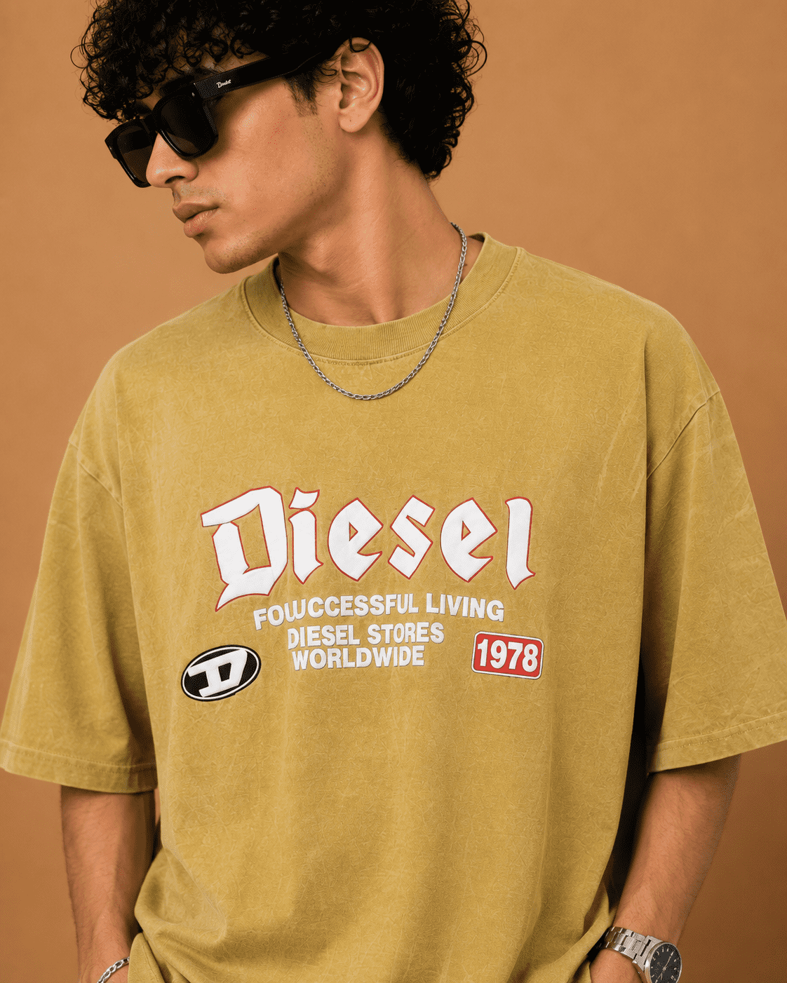 Diesel Vintage Acid Wash Oversized Graphic T-Shirt – Sand Beige - Image 3