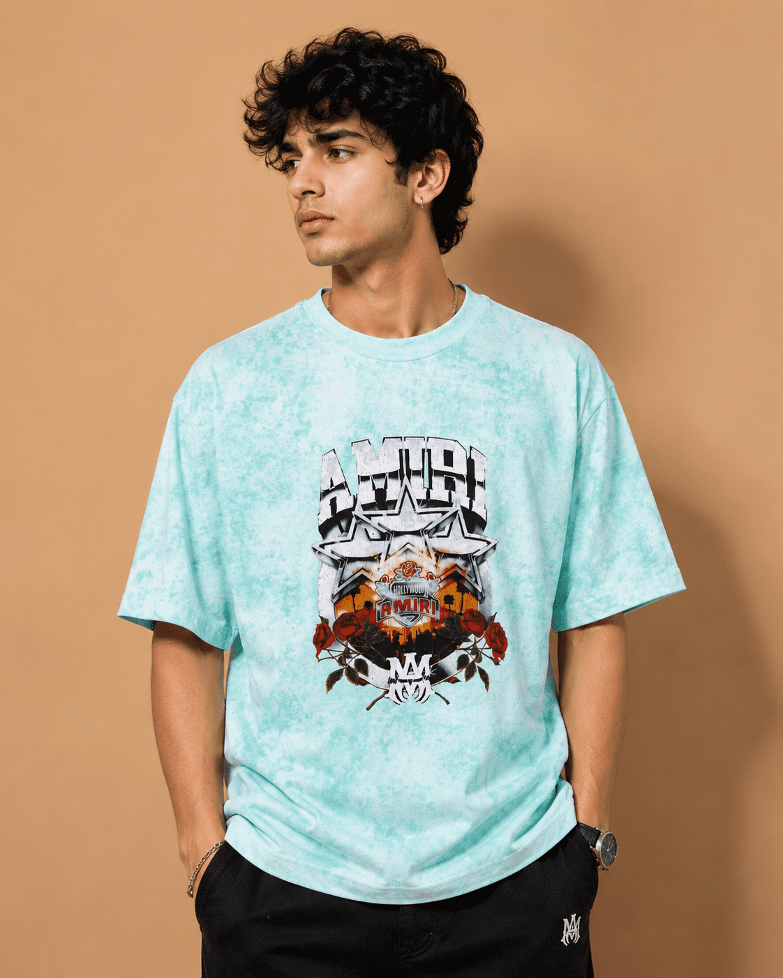 Amiri Hollywood Sky Blue Acid Wash Oversized Graphic T-Shirt - Image 3