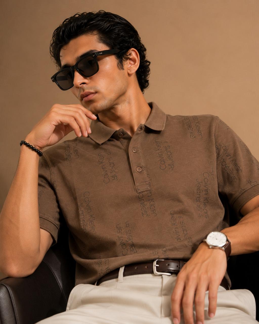 Calvin Klein Beige Allover Logo Print Polo T-Shirt - Image 3