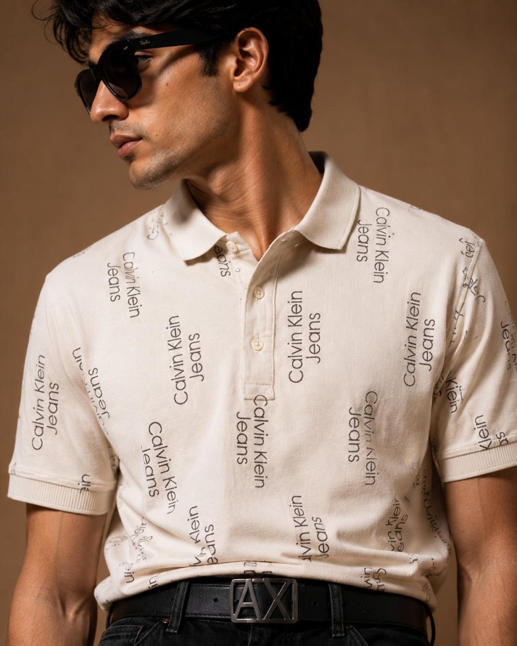Calvin Klein Beige Allover Logo Print Polo T-Shirt - Image 2