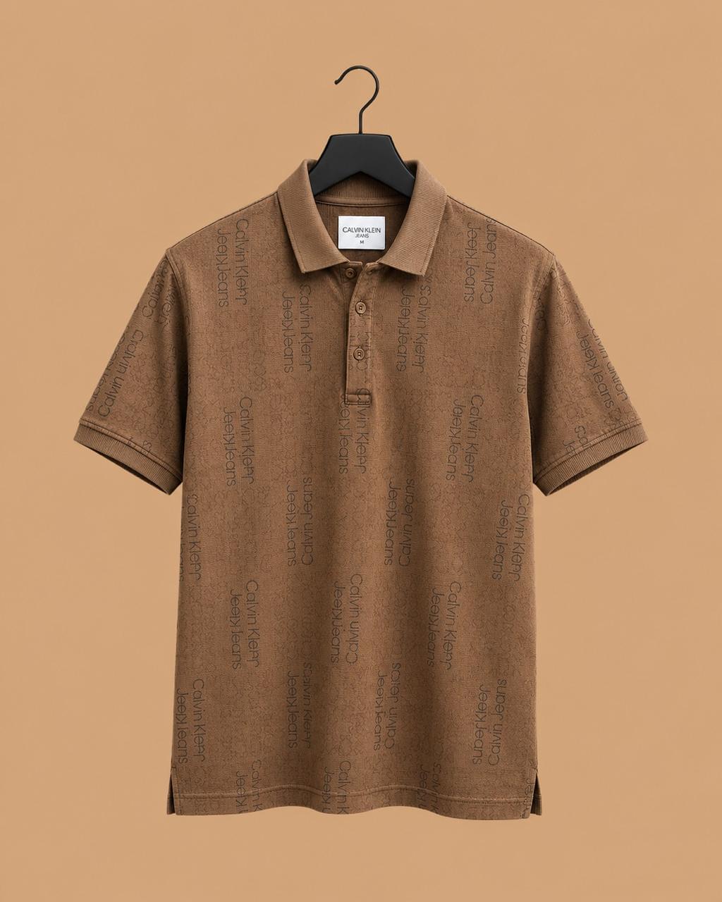 Calvin Klein Beige Allover Logo Print Polo T-Shirt - Image 4