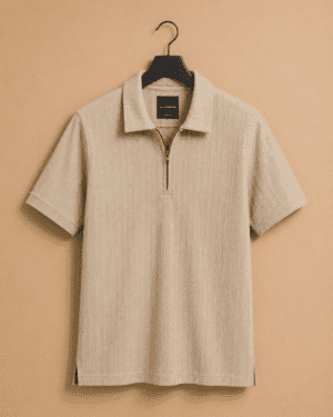 All Rugged Sandstone Textured Half-Zip Polo T-Shirt