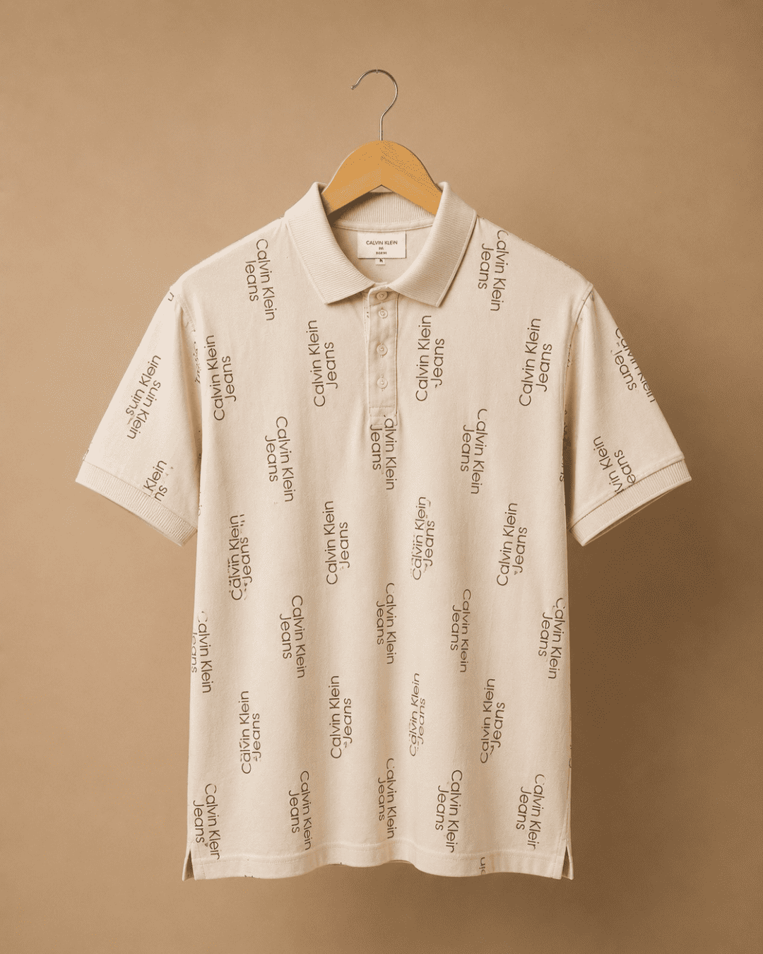 Calvin Klein Beige Allover Logo Print Polo T-Shirt