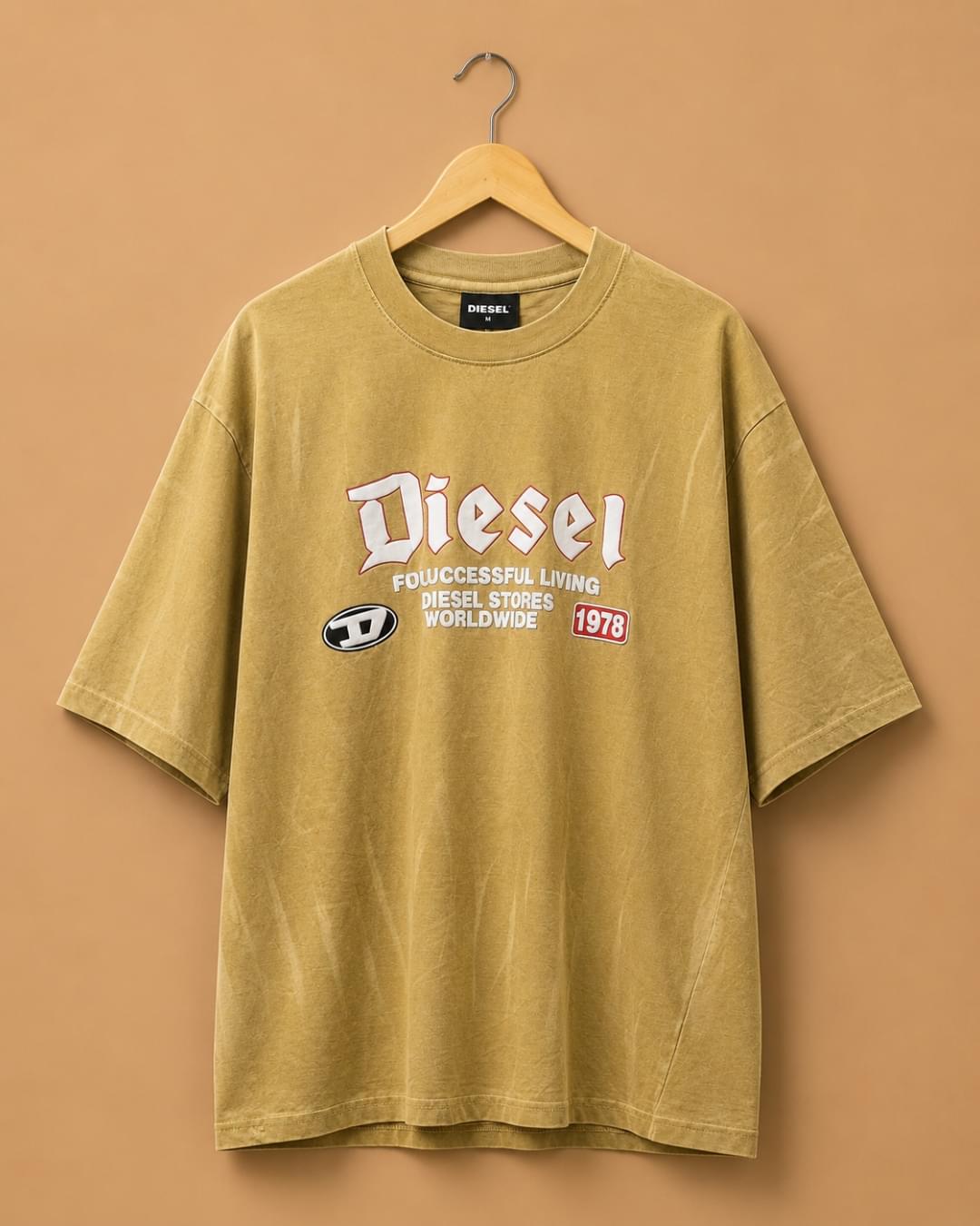 Diesel Vintage Acid Wash Oversized Graphic T-Shirt – Sand Beige