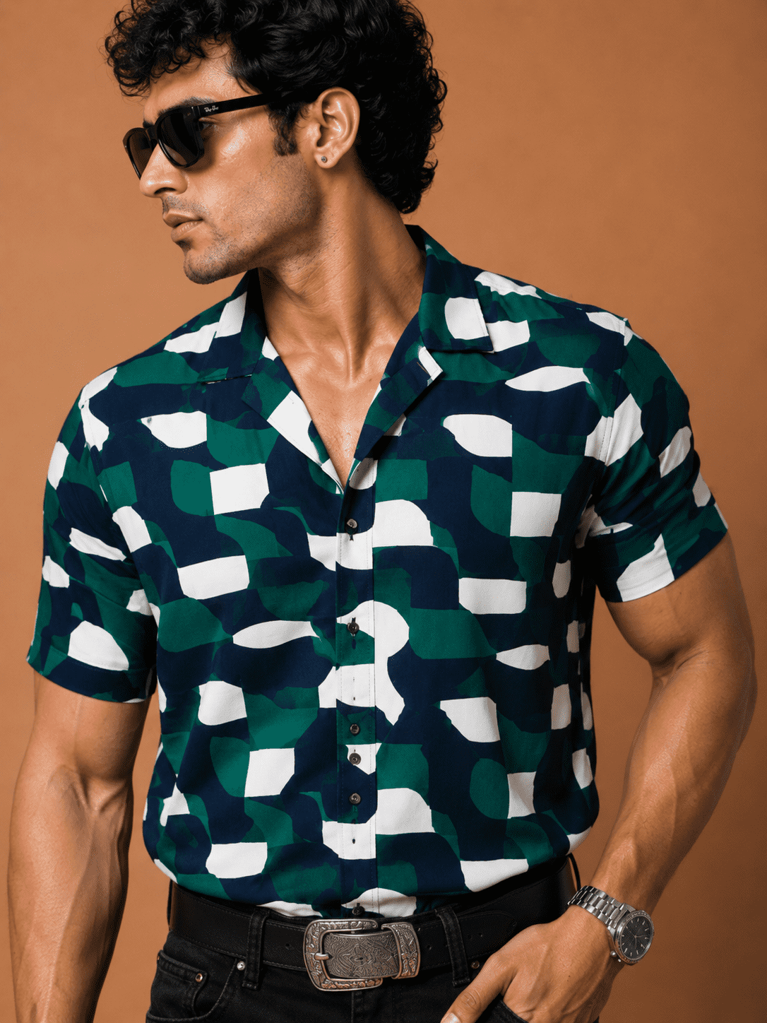 Mast & Harbour Men's Green & Navy Abstract Printed Resort Collar Casual Shirt - Image 3