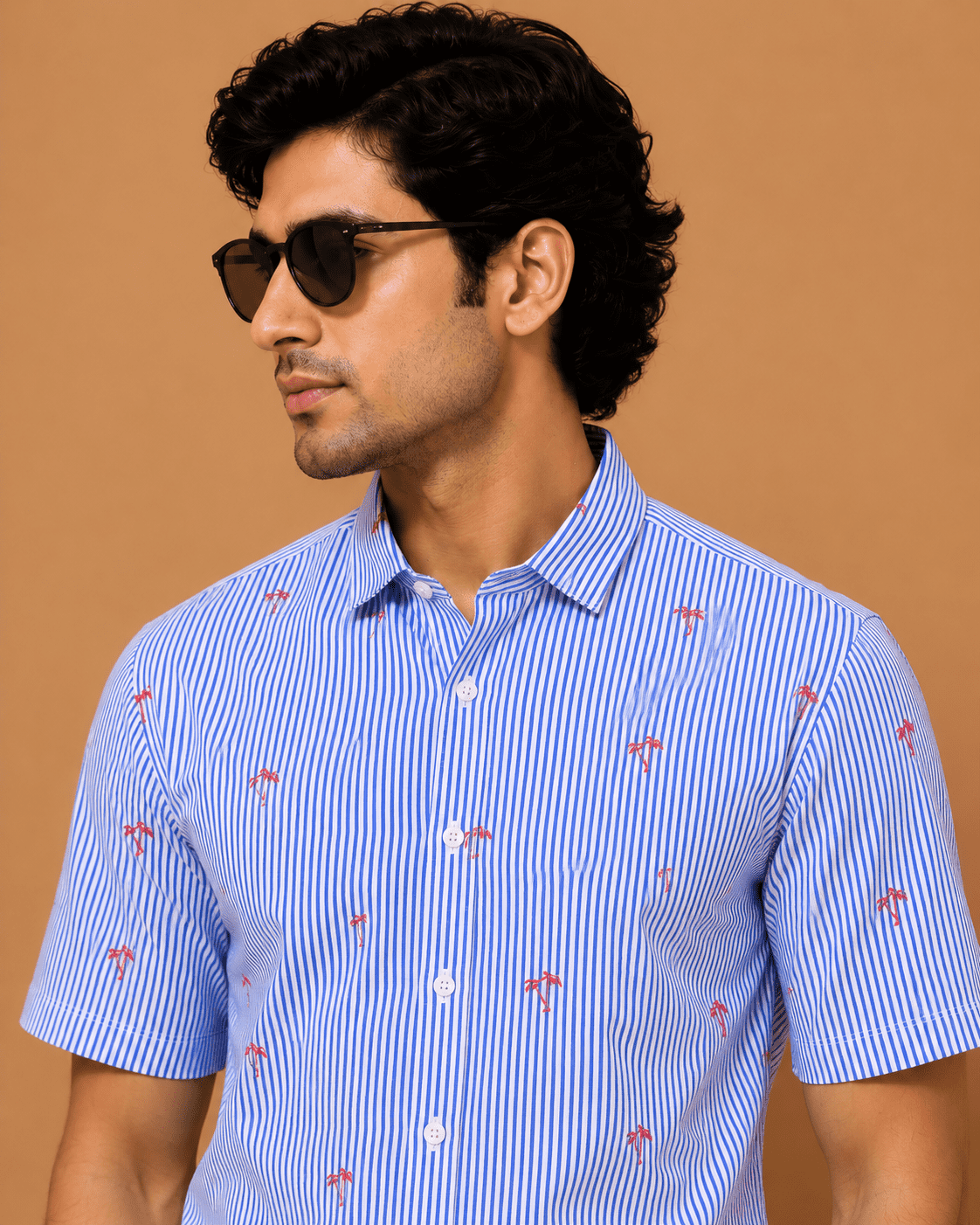 Mast & Harbour Men's Blue Striped Palm Tree Printed Slim Fit Casual Shirt - Image 3