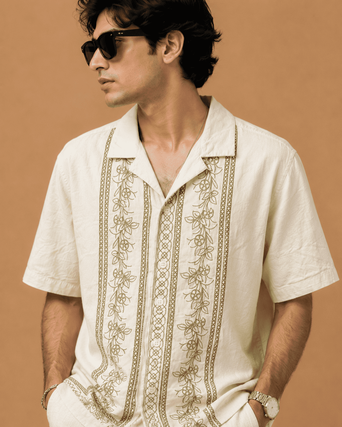 MAX Men's Off White Floral Embroidered Resort Collar Shirt - Image 3
