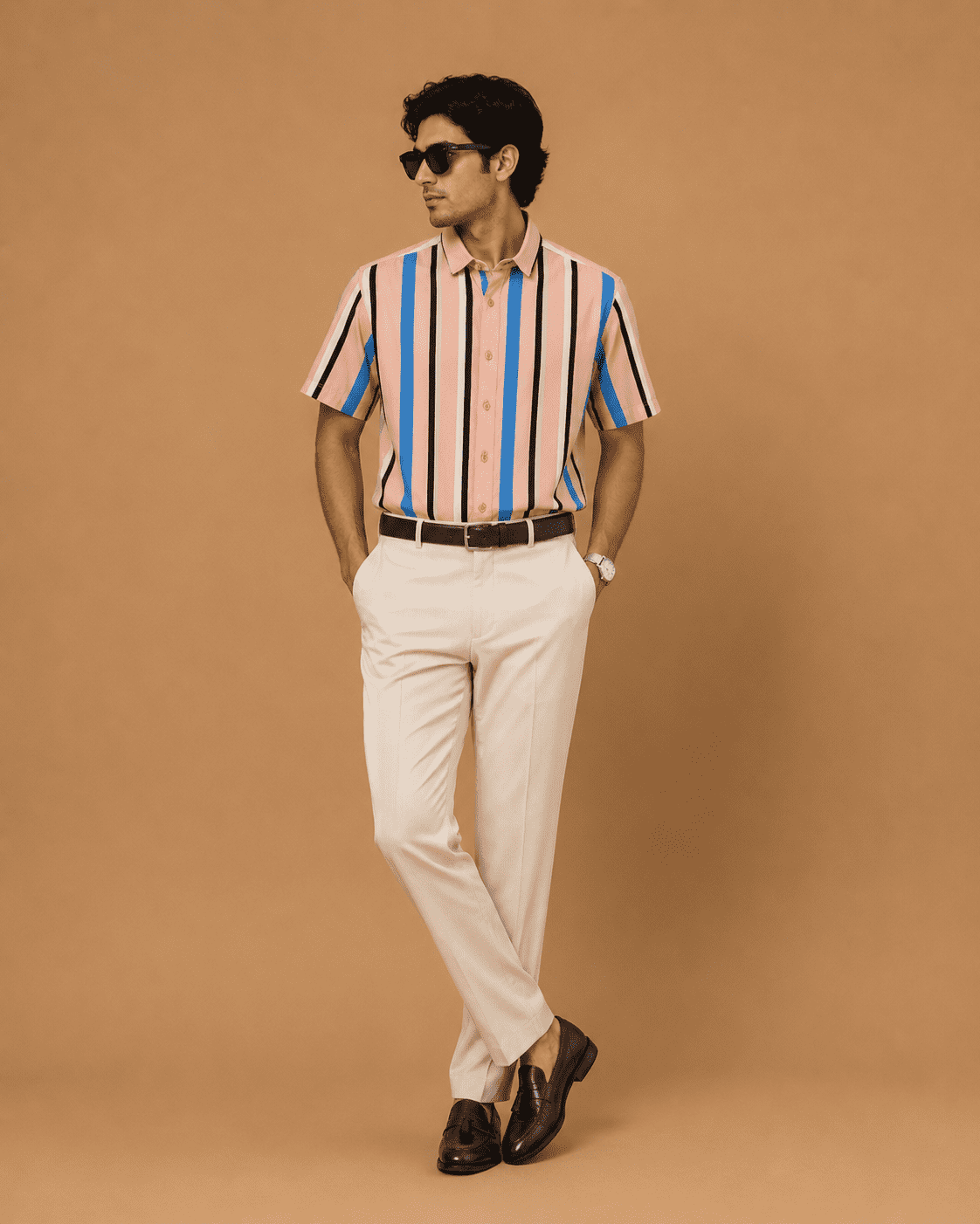 Mast & Harbour Men's Peach & Blue Vertical Striped Cotton Casual Shirt - Image 2