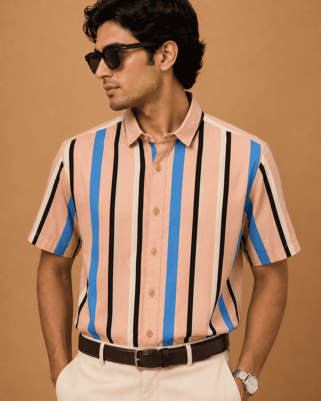 Mast & Harbour Men's Peach & Blue Vertical Striped Cotton Casual Shirt - Image 3