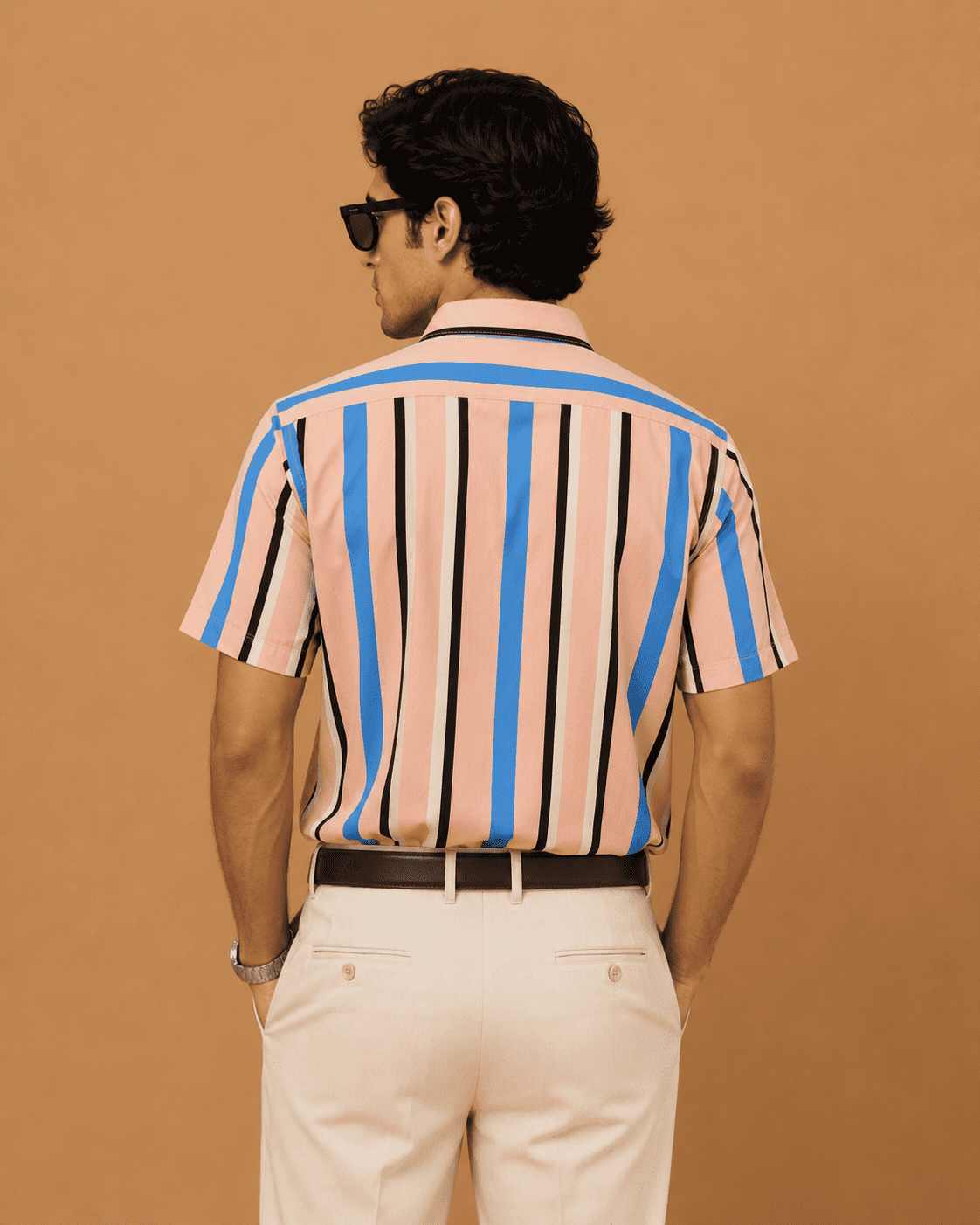 Mast & Harbour Men's Peach & Blue Vertical Striped Cotton Casual Shirt - Image 4