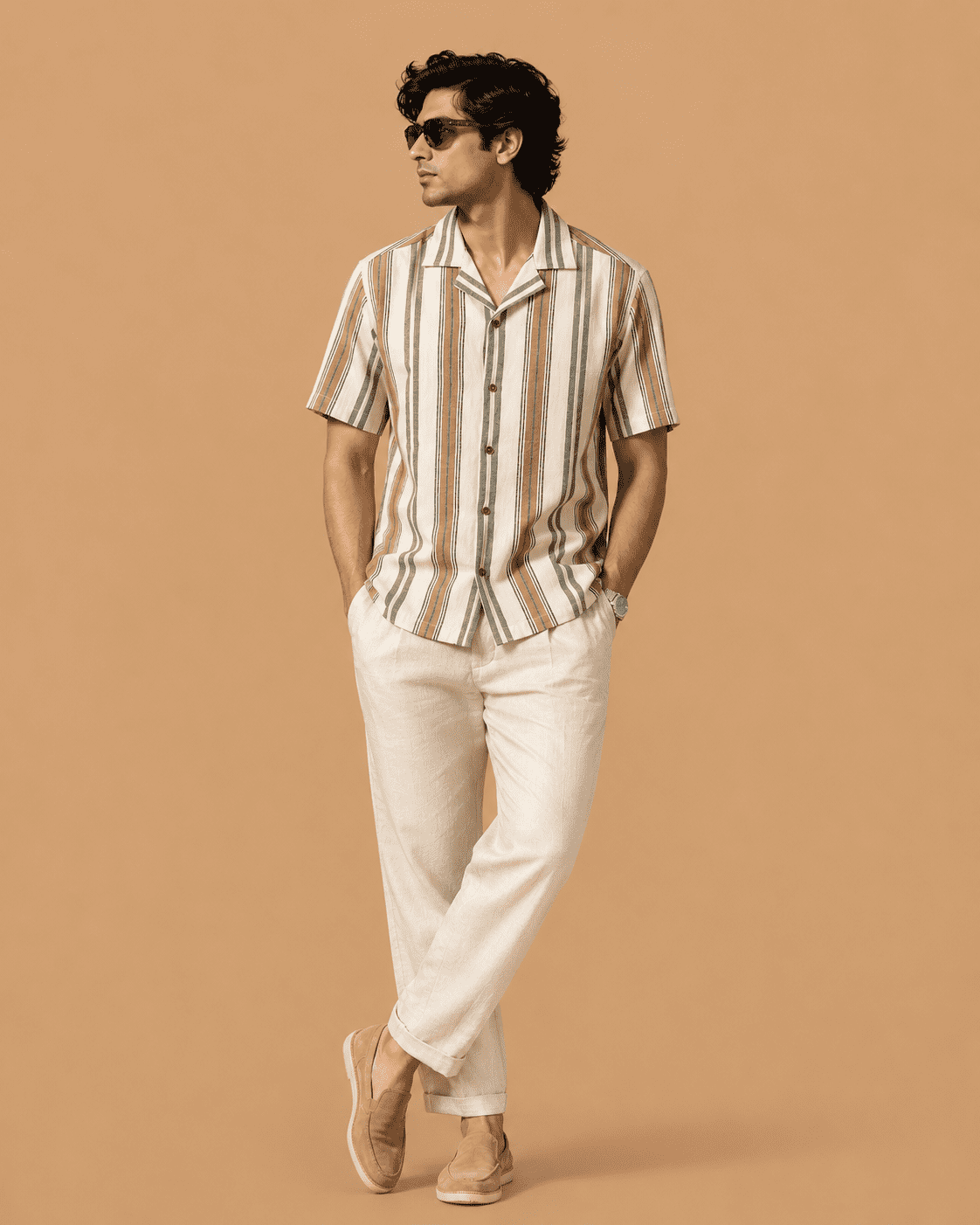 Brandz Home Men's Beige Vertical Striped Premium Casual Shirt - Image 2