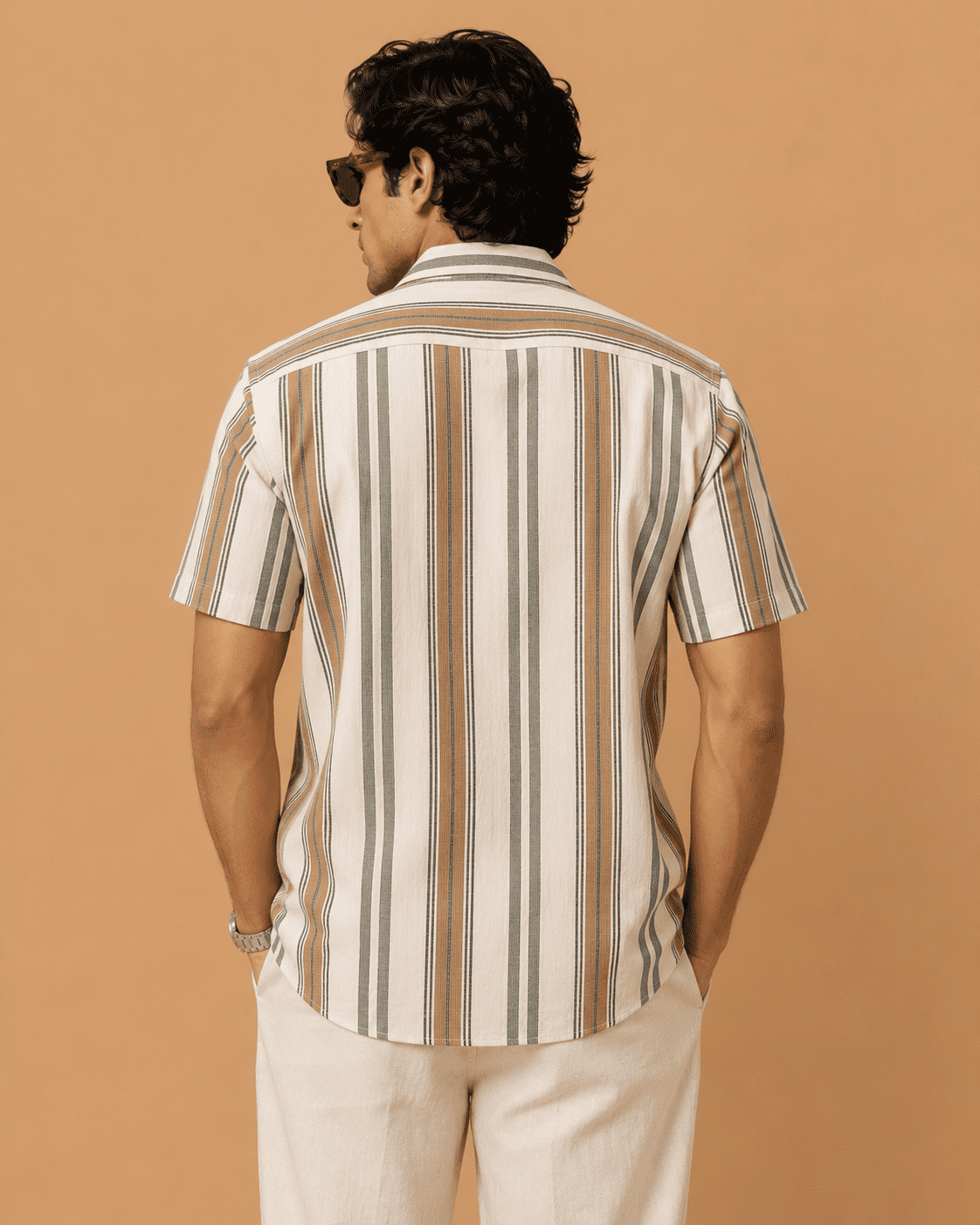 Brandz Home Men's Beige Vertical Striped Premium Casual Shirt - Image 4