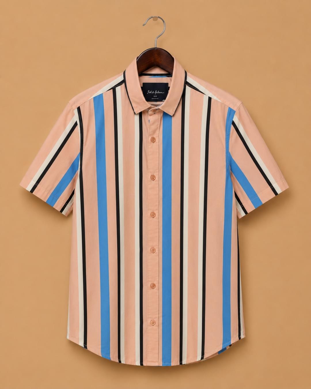 Mast & Harbour Men's Peach & Blue Vertical Striped Cotton Casual Shirt