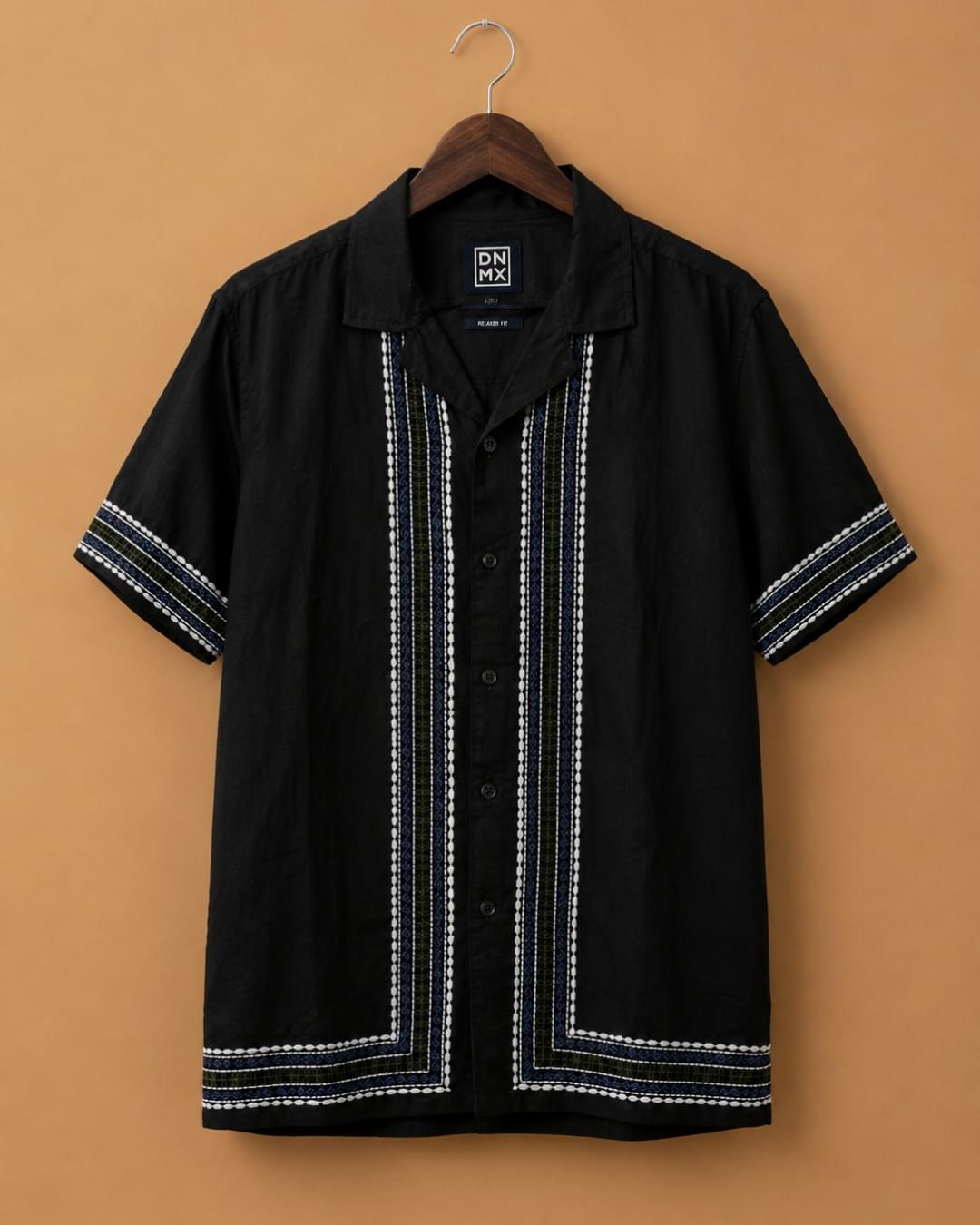 DNMX Men's Black Embroidered Premium Resort Casual Shirt