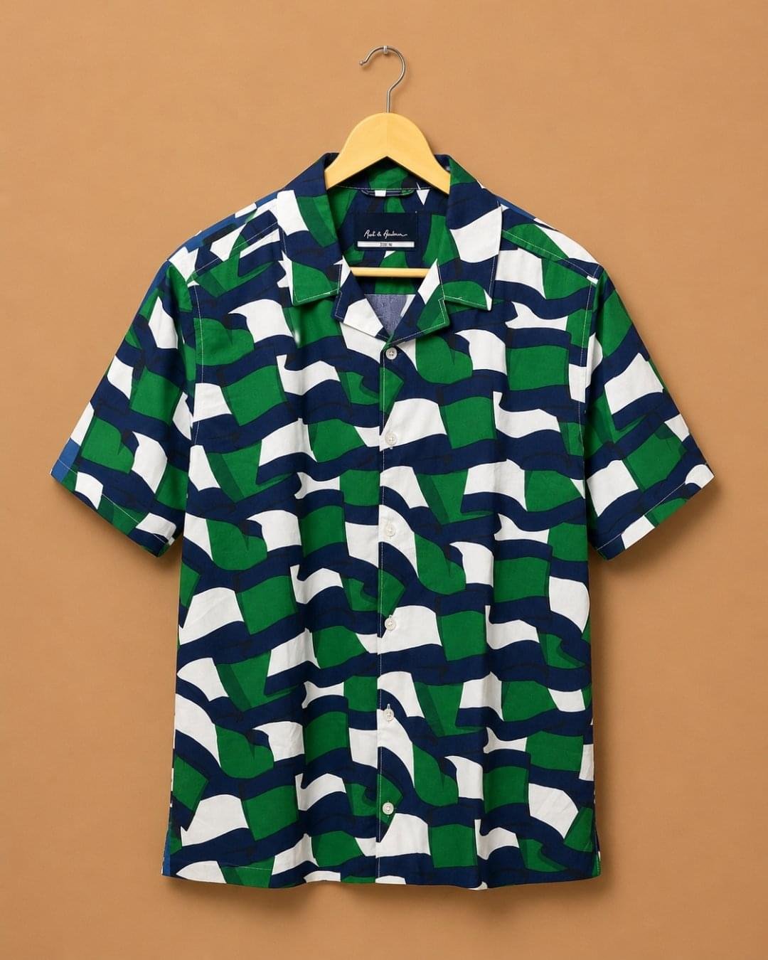 Mast & Harbour Men's Green & Navy Abstract Printed Resort Collar Casual Shirt
