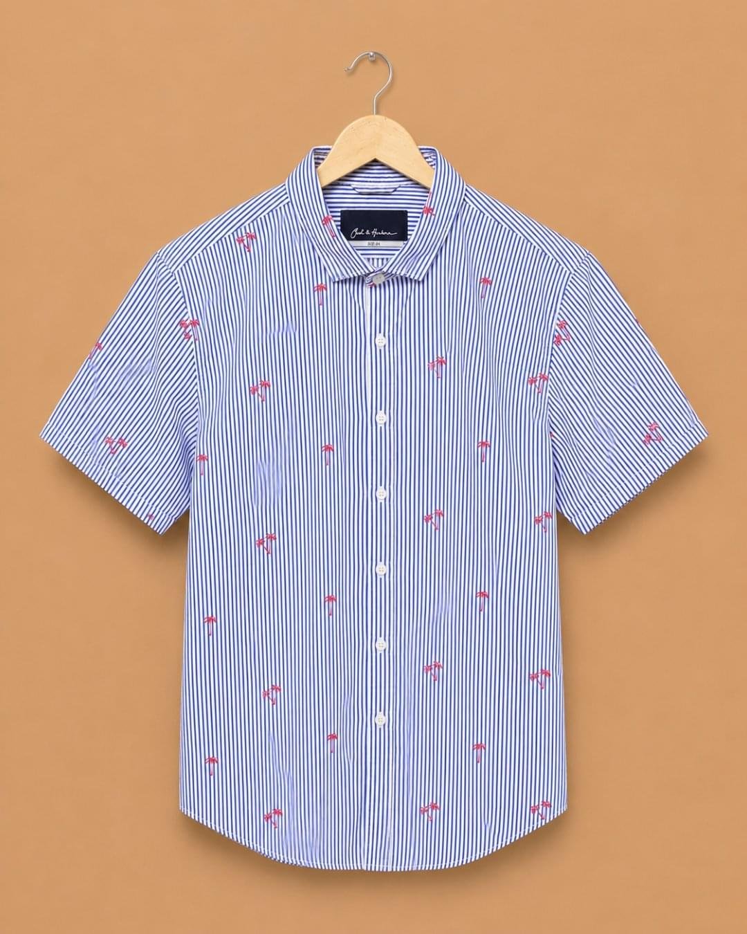Mast & Harbour Men's Blue Striped Palm Tree Printed Slim Fit Casual Shirt